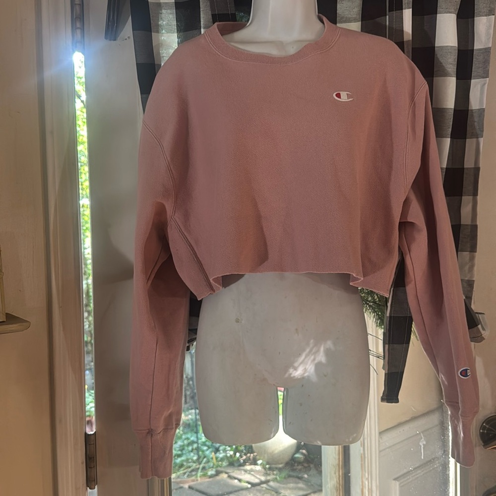 Vintage Champion Cropped Pullover Sweatshirt in Dusty Rose Large